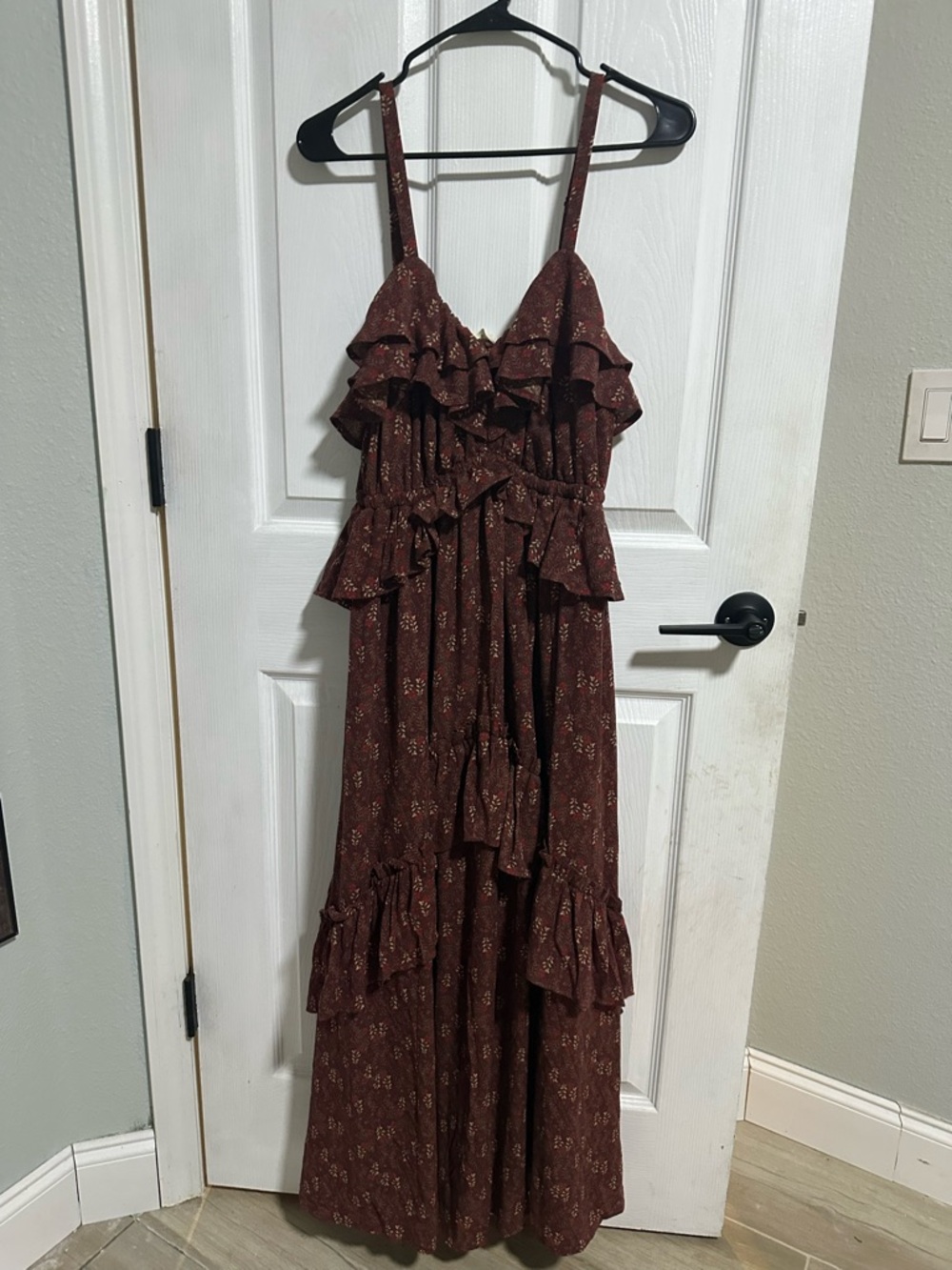 Ruffled Spaghetti-Strap Maxi Dress in Rust Brown